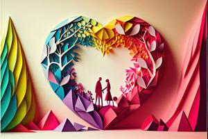 generativo ai illustrazione di origami San Valentino giorno sfondo, contento coppia, colorato. carta tagliare mestiere, 3d carta stile. neurale Rete generato arte. digitalmente generato Immagine foto