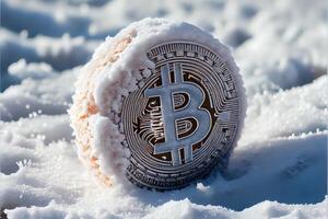 generativo ai illustrazione di congelato bitcoin, freddo e neve. po moneta simbolo nel ghiaccio e neve foto