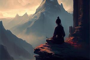 generativo ai illustrazione di donna Meditare nel il montagne foto