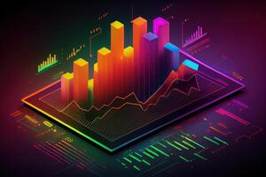 generativo ai illustrazione di crypto mercato dati, grafico, silhouette crypto moneta mercato, isometrico, colorato pendenza sfondo foto