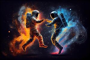 generativo ai illustrazione di Due astronauti, vestito nel tute spaziali, siamo galleggiante nel zero gravità mentre danza da vicino. il sfondo è un' mozzafiato Visualizza di il galassia, con stelle e nebulose foto