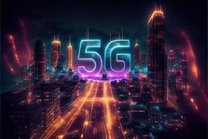 generativo ai illustrazione di futuristico città a notte, 5g Internet Rete senza fili sistemi e Internet di le cose, inteligente città e comunicazione Rete concetto. foto