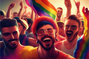 generativo ai illustrazione di diversità giovane gay donne e uomini con agitando orgoglio arcobaleno bandiera. sostenitori di il lgbt Comunità. neurale Rete generato arte. digitalmente generato Immagine. foto