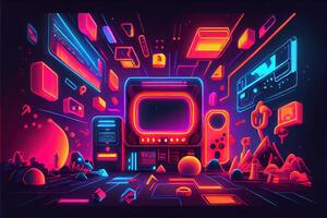 generativo ai illustrazione di gioco sfondo, astratto cyberpunk stile di gamer sfondo, neon splendore leggero di scifi fluorescente bastoni. digitalmente generato Immagine foto