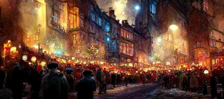 generativo ai illustrazione di notte affollato Natale nel europeo cittadina strada, inverno astratto paesaggio. Natale scena. bandiera intestazione. digitale arte. foto