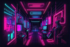 generativo ai illustrazione di gioco sfondo, astratto cyberpunk stile di gamer sfondo, neon splendore leggero di scifi fluorescente bastoni. digitalmente generato Immagine foto