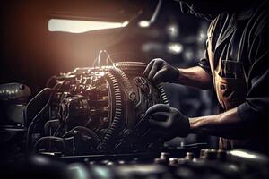 generativo ai illustrazione di il competenza e professionalità di un' meccanico come lui lavori su riparazione il motore di un' auto nel un' ben attrezzato box auto foto