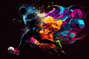 generativo ai illustrazione di il essenza di un' calcio giocatore nel movimento come essi calcio un' palla con intenso energia, circondato di vivace colori e spruzzi foto