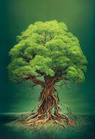 generativo ai illustrazione di vecchio grande verde albero con radici, su asciutto terra, albero di terra e vita, Magia tree.digital arte, natura concetto. foto