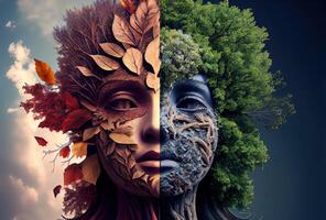 generativo ai illustrazione di il quattro temporale le stagioni nel uno viso, uno telaio, uno albero. natura concetto. digitalmente generato Immagine foto