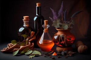 generativo ai illustrazione di il ingredienti di un' fiore vaso disposte per un' di strega ricettario. erbe aromatiche, bottiglie, fiale, terracotta miscelazione pentola foto