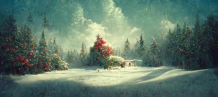 generativo ai illustrazione di Natale decorato verde abete rosso alberi nel inverno foresta, astratto fantasia festivo Natale albero, inverno astratto paesaggio. luce del sole nel il inverno foresta. digitale arte. foto