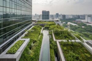 generativo ai illustrazione di bellissima giardino su il tetto di un' contemporaneo bicchiere ufficio edificio nel Asia foto