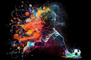 generativo ai illustrazione di il essenza di un' calcio giocatore nel movimento come essi calcio un' palla con intenso energia, circondato di vivace colori e spruzzi foto