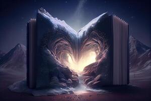 generativo ai illustrazione di libro di conoscenza, universo, fantasia epico atmosfera, bellissimo visivo effetti. conoscenza Aperto nuovo mondo. foto