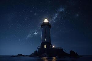 faro nel mare a stellato notte. navigazione per navi. generativo ai foto