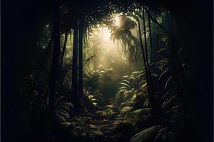 generativo ai illustrazione di buio foresta pluviale, sole raggi attraverso il alberi, ricco giungla verde. atmosferico fantasia foresta foto