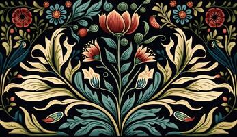 generativo ai, floreale colorato modello. William morris ispirato naturale impianti e fiori sfondo, Vintage ▾ illustrazione. popolare stile foto