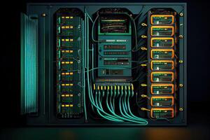 generativo ai illustrazione di un' piattaforma per ospitando contemporaneo Internet Contenuti. cremagliera alloggiamento server dati Conservazione hardware. il attrezzatura nel il dati centro è collegato di un' lotto di Rete cavi foto