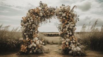 generativo ai, nozze cerimonia boho rustico stile arco con fiori e impianti, fiore mazzi di fiori. foto