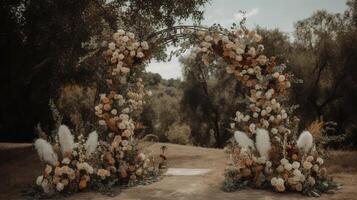 generativo ai, nozze cerimonia boho rustico stile arco con fiori e impianti, fiore mazzi di fiori. foto