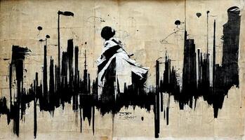 generativo ai, inchiostro nero strada graffiti arte su un' strutturato carta Vintage ▾ sfondo, ispirato di Banksy. foto