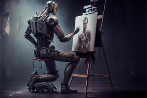 generativo ai illustrazione di cyborg ai robot artista nel buio studio Il prossimo per il suo cavalletto, pittura e vernici mentre Lavorando, neurale Rete generato arte. digitalmente la pittura, generato Immagine. foto