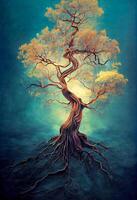 generativo ai illustrazione di vecchio grande verde albero con radici, su asciutto terra, albero di terra e vita, Magia tree.digital arte, natura concetto. foto