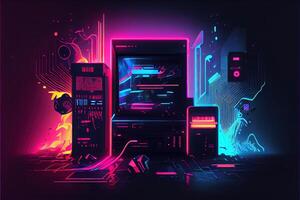 generativo ai illustrazione di gioco sfondo, astratto cyberpunk stile di gamer sfondo, neon splendore leggero di scifi fluorescente bastoni. digitalmente generato Immagine foto