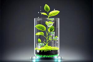 generativo ai illustrazione di scienza e biotecnologia concetto. in crescita di pianta nel laboratorio foto