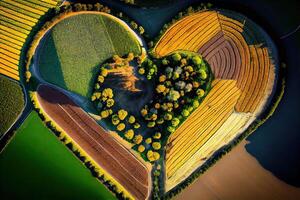 generativo ai illustrazione di un aereo foto in mostra vasto i campi con un' varietà di colture in crescita su loro, utilizzando il permacultura e poli cultura i principi, quale siamo benefico per il ecologia