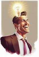 generativo ai illustrazione di creativo e emotivo uomo un leggero lampadina su leggero sfondo. attività commerciale idea. foto