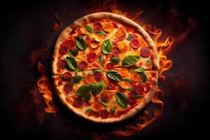 generativo ai illustrazione di fatti in casa Pizza con pomodoro e olive su buio pietra sfondo foto