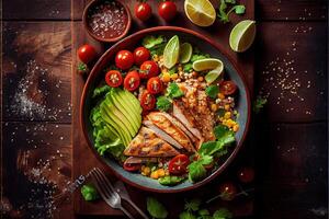 generativo ai illustrazione di salutare insalata ciotola con quinoa, pomodori, pollo, avocado, lime e misto verdi, lattuga, prezzemolo su di legno sfondo superiore Visualizza. cibo e Salute. foto