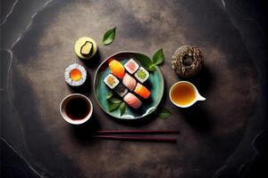 generativo ai illustrazione di impostato di Sushi, maki e verde tè su pietra tavolo. superiore Visualizza foto