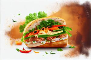 generativo ai illustrazione di banh mi Vietnam pane, cibo, studio, asiatico, vietnamita Sandwich , vietnamita cibo, copia spazio foto