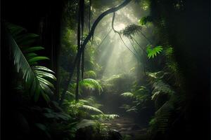generativo ai illustrazione di buio foresta pluviale, sole raggi attraverso il alberi, ricco giungla verde. atmosferico fantasia foresta foto