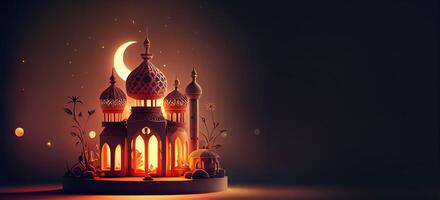 generativo ai illustrazione di islamico vacanza. Ramadan notte. moschea e lanterna visualizzato su stadi con raggiante leggero nel il sera. sfondo e bandiera sfondo. foto