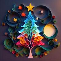 generativo ai illustrazione di foto carta tagliare quilling multidimensionale carta tagliare, mestiere carta illustrazione, Natale albero e colorato luci vite stelle, pop colore. neurale Rete generato arte.