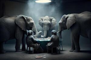 generativo ai illustrazione di africano elefanti giocando poker nel un' fumoso camera, il elefante poker gioco foto