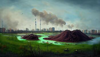 generativo ai illustrazione di paesaggio con ecologico disastro. inquinata terra e oceano foto