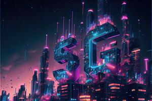 generativo ai illustrazione di futuristico città a notte, 5g Internet Rete senza fili sistemi e Internet di le cose, inteligente città e comunicazione Rete concetto. foto