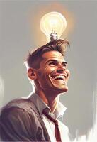 generativo ai illustrazione di creativo e emotivo uomo un leggero lampadina su leggero sfondo. attività commerciale idea. foto