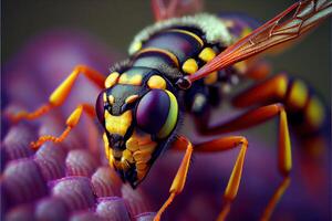 generativo ai illustrazione di super macro ritratto di un' vespa su un' nero sfondo. pieno volto macro fotografia. grande profondità di campo e un' lotto di dettagli di il insetto. foto