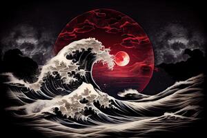 generativo ai illustrazione di un' mare buio notte paesaggio. rosso chiaro di luna riflessa nel il onde di il oceano. mare tempestoso onda con schiuma, giapponese arte stile foto
