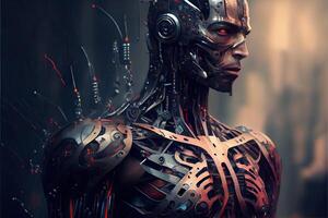 generativo ai illustrazione di robot svolta umano ancora avere pelle, in cyborg, cyberpunk sfondo foto