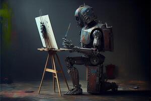 generativo ai illustrazione di cyborg ai robot artista nel buio studio Il prossimo per il suo cavalletto, pittura e vernici mentre Lavorando, neurale Rete generato arte. digitalmente la pittura, generato Immagine. foto