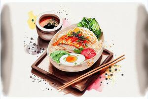 generativo ai illustrazione di poggio giapponese cucina cibo, acquerello dipingere stile, impostato di asiatico cibo foto