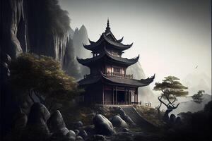 generativo ai illustrazione di fantasia sfondo con misterioso antico Cinese tempio nel montagne. digitale opera d'arte. Cinese stile. gioco e arte concetto. foto