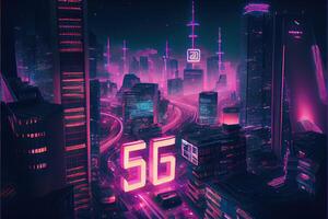 generativo ai illustrazione di futuristico città a notte, 5g Internet Rete senza fili sistemi e Internet di le cose, inteligente città e comunicazione Rete concetto. foto